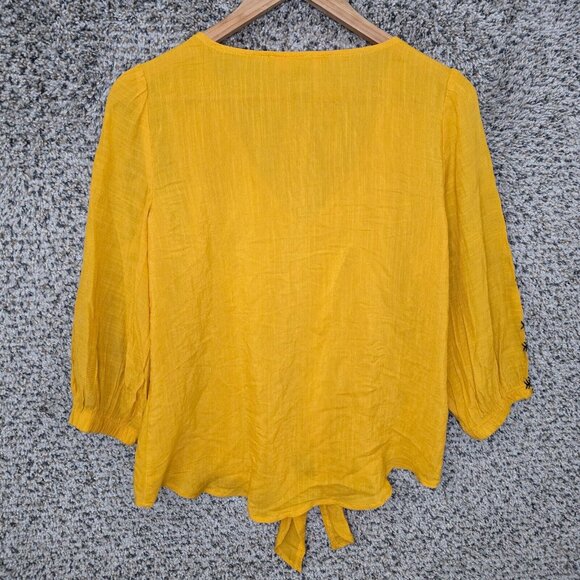 Olivia & Martin Top Womens Small Oversized Yellow V Neck Blouse Embroidered - Picture 7 of 7
